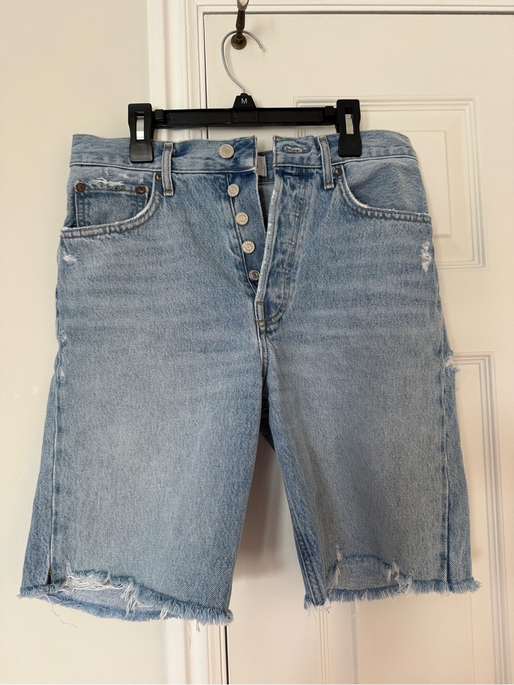 Agolde Light Blue Distressed High-Rise Jean Shorts